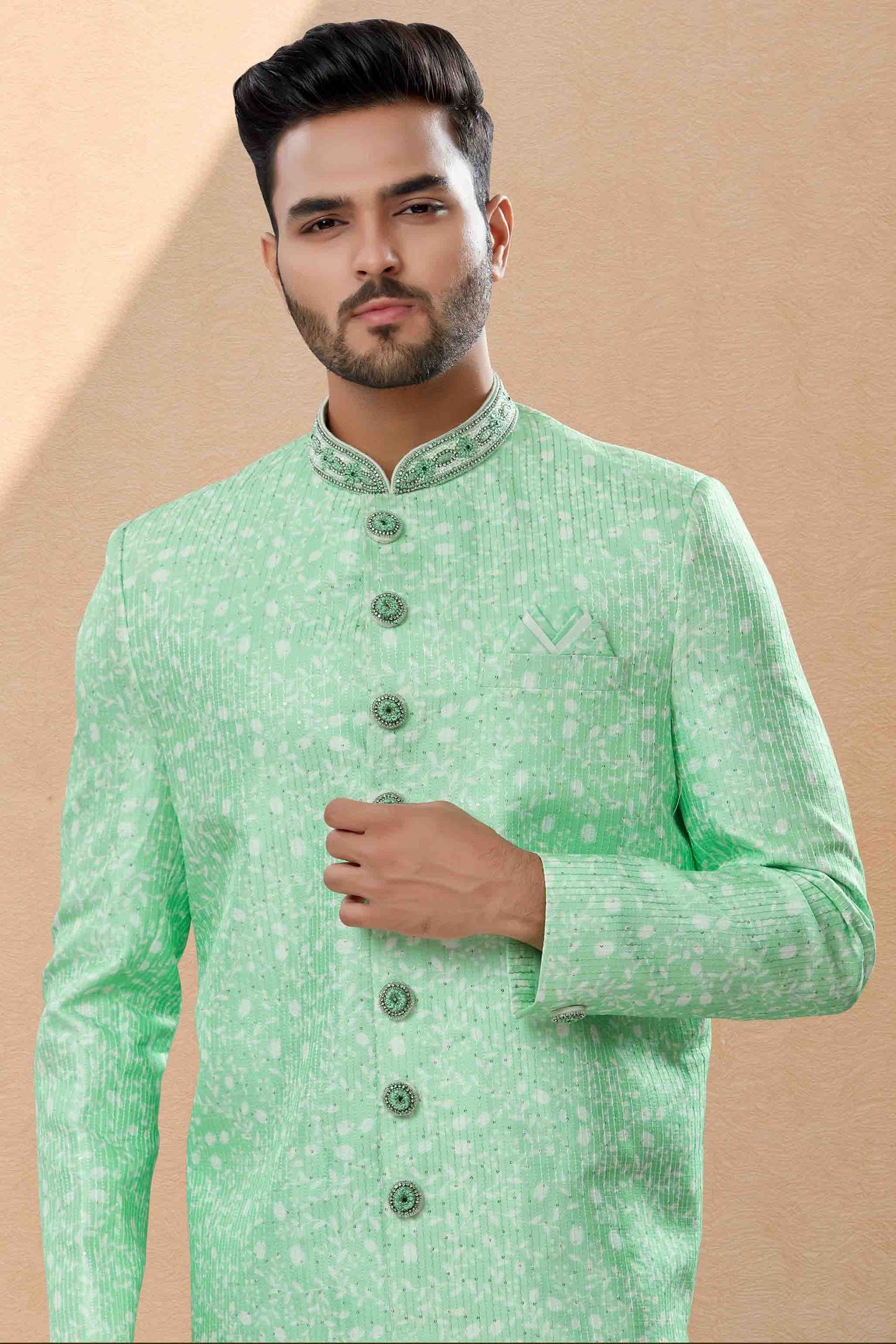 Green Colour Sherwani In Silk Fabric SH1040410 A