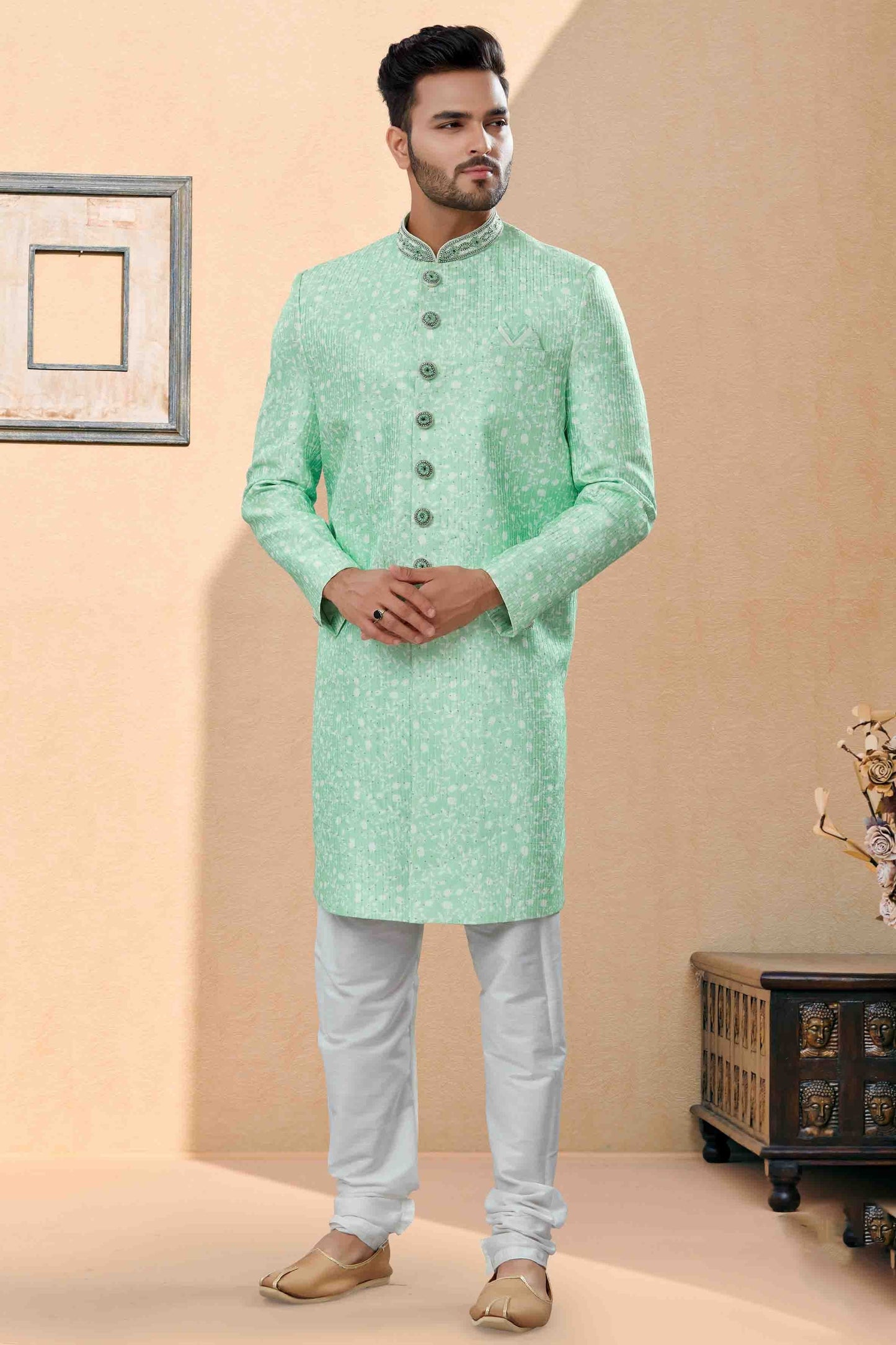 Green Colour Sherwani In Silk Fabric SH1040410