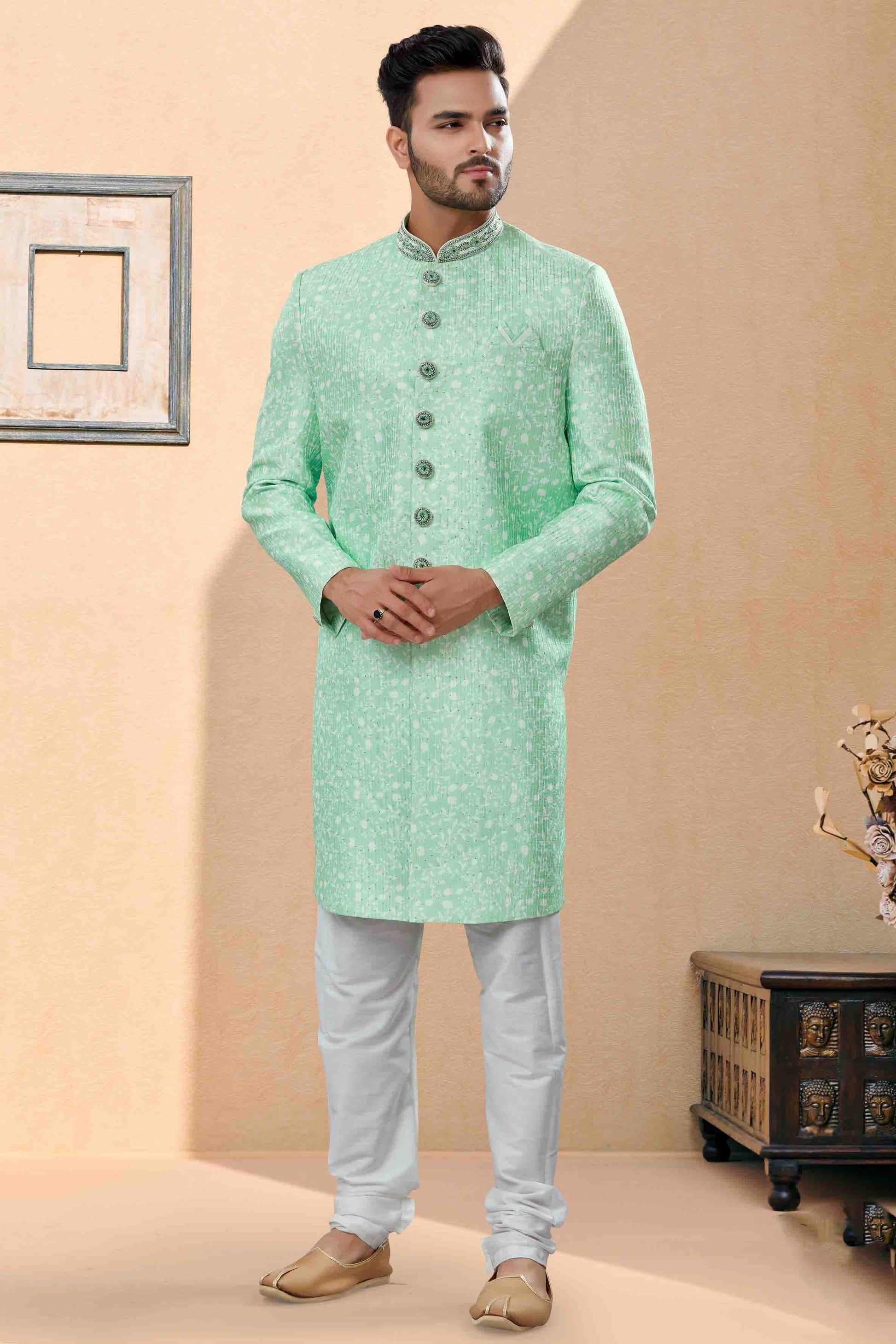 Green Colour Sherwani In Silk Fabric SH1040410
