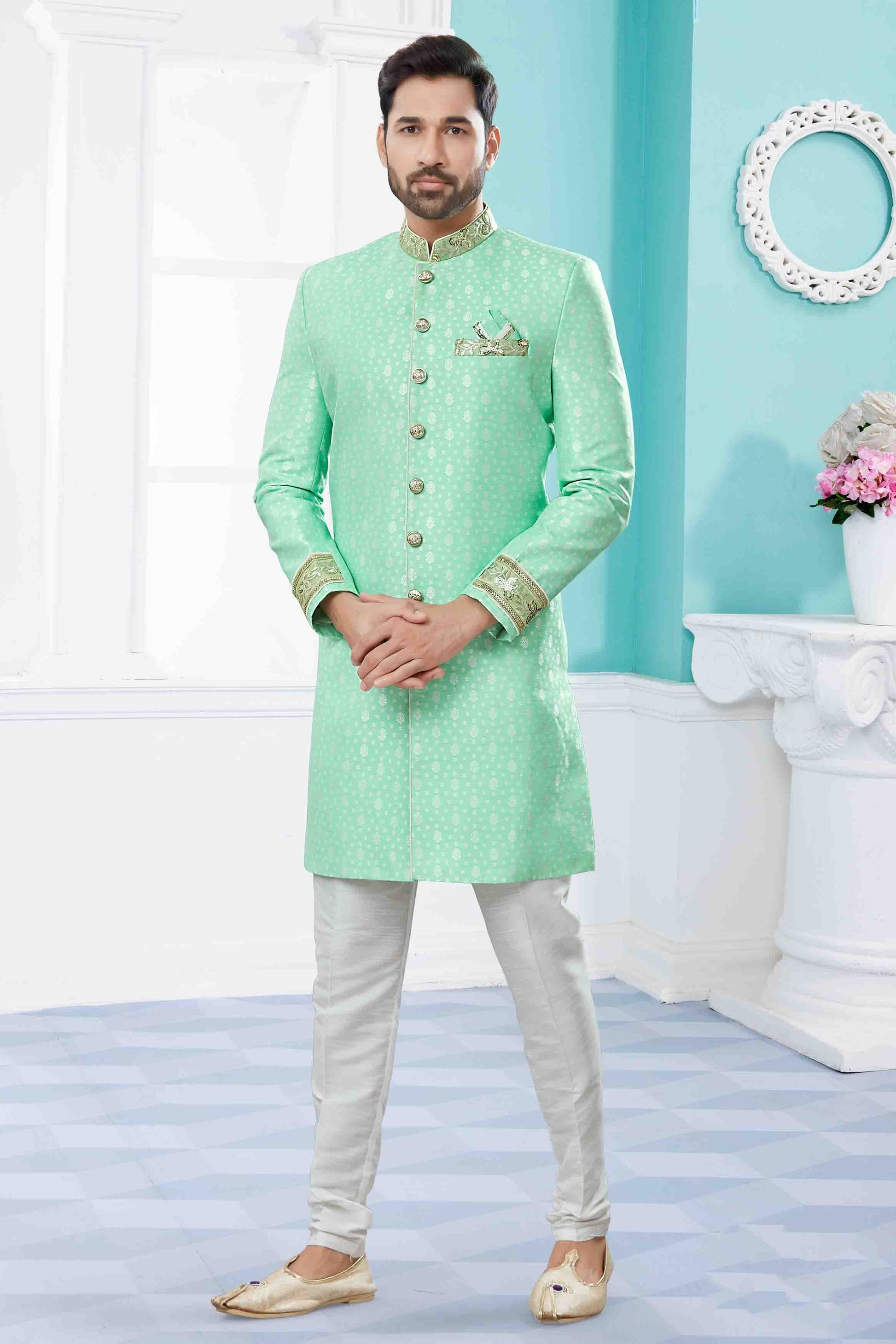 Green Colour Sherwani In Silk Fabric SH1040423