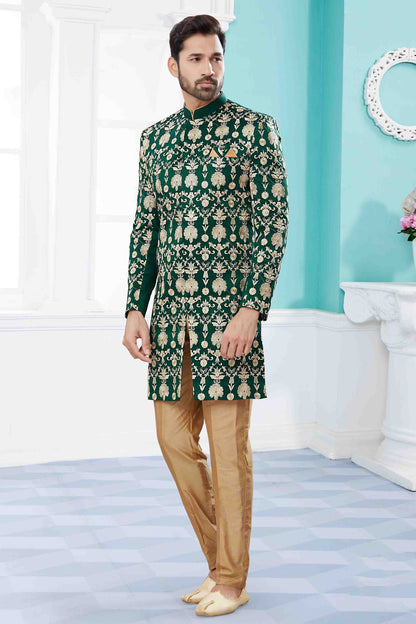 Green Colour Sherwani In Velvet Fabric SH1040415