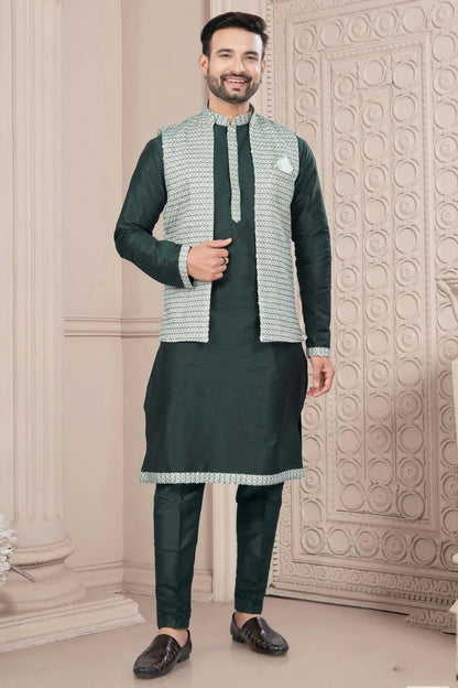 Green Colour Silk Dupion Jacket Kurta Pajama KP1040658