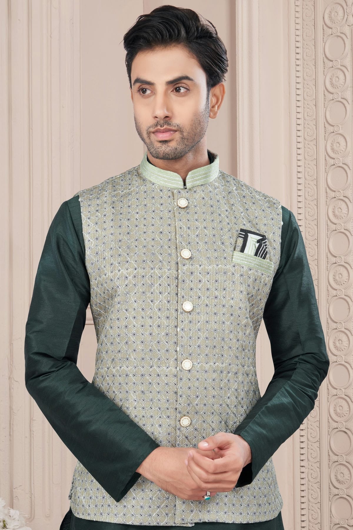 Green Colour Silk Dupion Jacket Kurta Pajama KP1040662 A