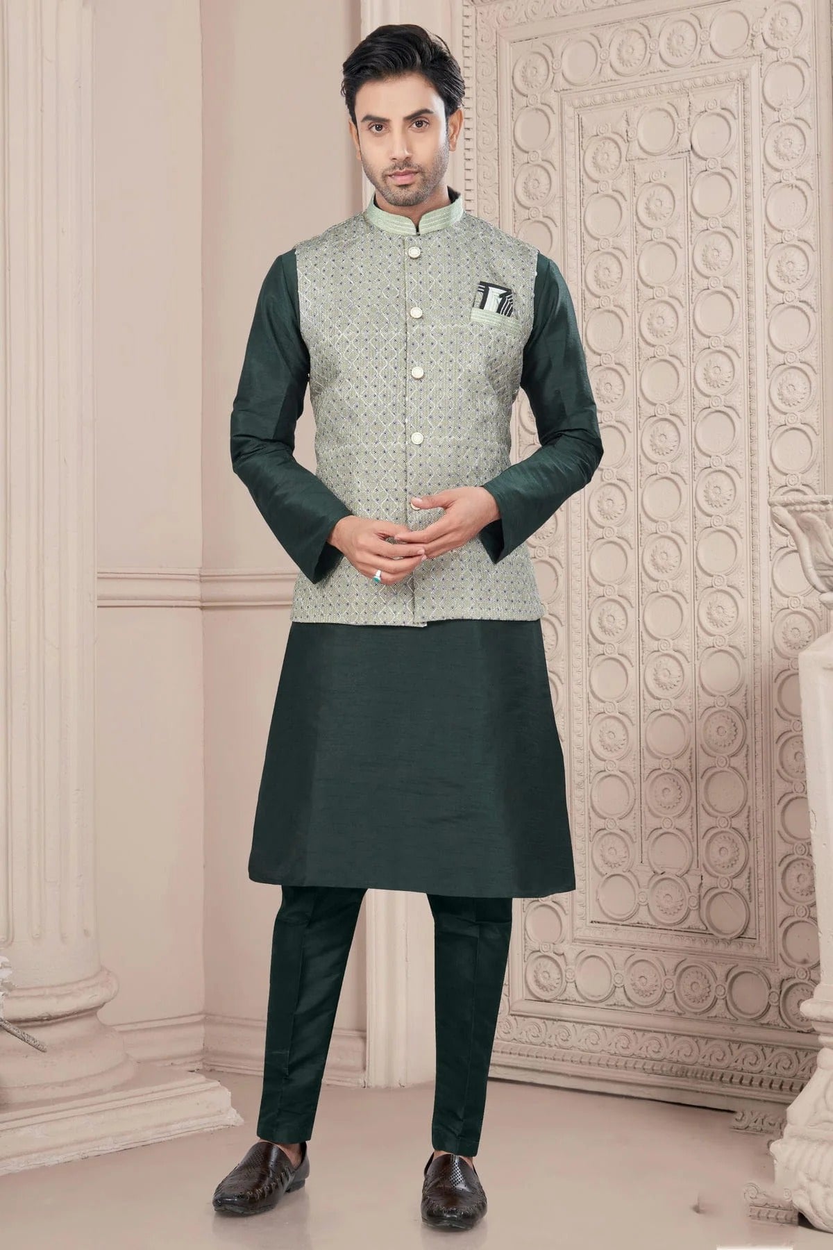 Green Colour Silk Dupion Jacket Kurta Pajama KP1040662