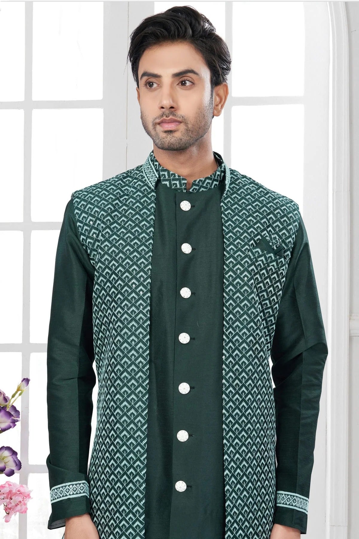 Green Colour Silk Dupion Sherwani SH1040584 A