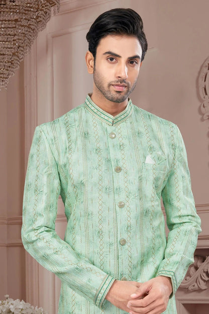 Green Colour Silk Dupion Sherwani SH1040605 A