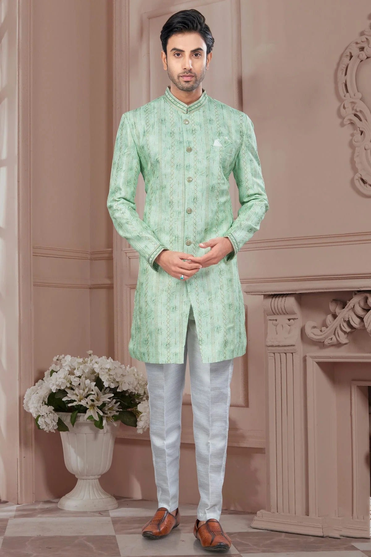 Green Colour Silk Dupion Sherwani SH1040605