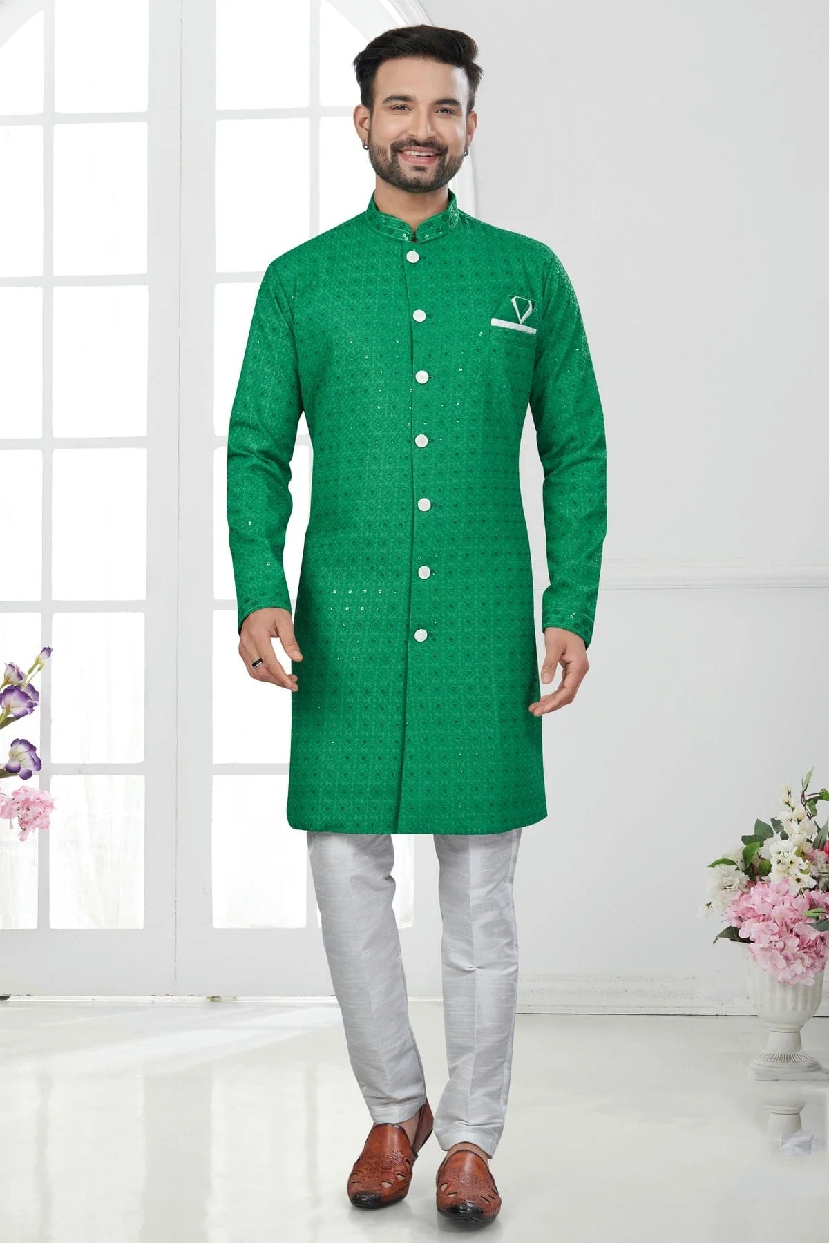 Green Colour Silk Dupion Sherwani SH1040607