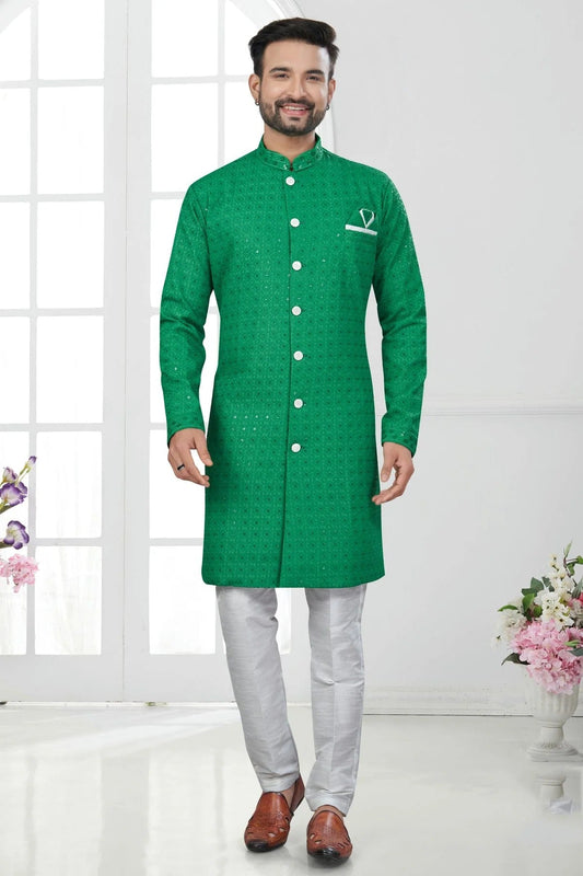 Green Colour Silk Dupion Sherwani SH1040607