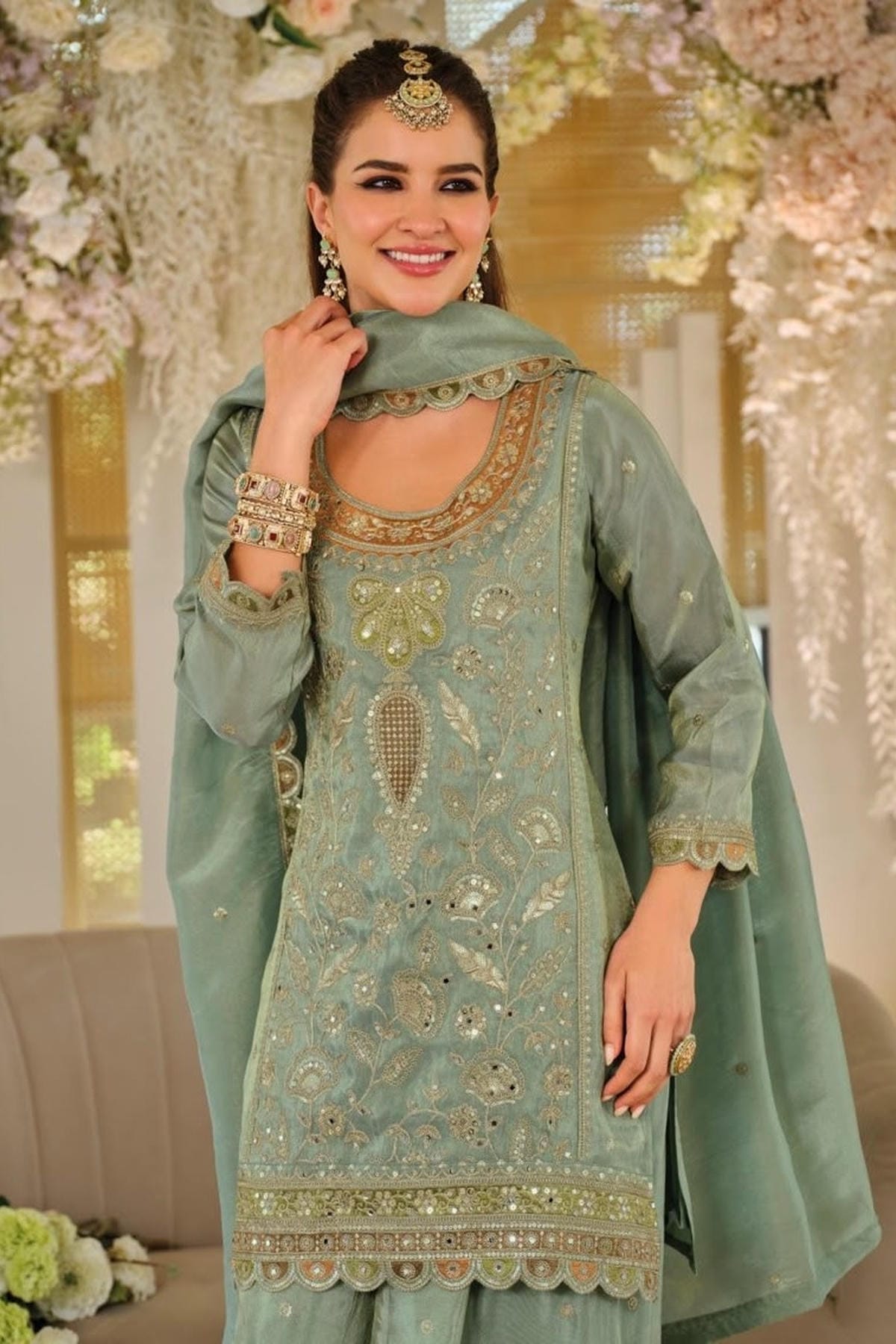 Green Colour Silk Embroidery Work Palazzo Pant Suit