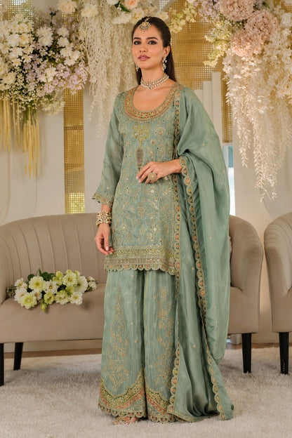 Green Colour Silk Embroidery Work Palazzo Pant Suit