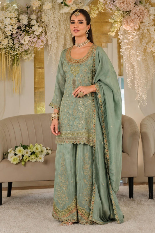 Green Colour Silk Embroidery Work Palazzo Pant Suit