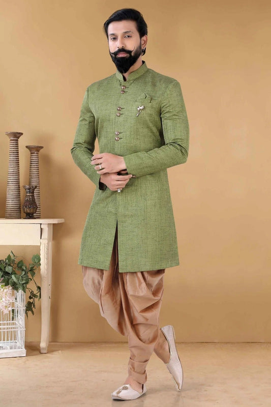Green Colour Silk Indo Western Sherwani SH1130011