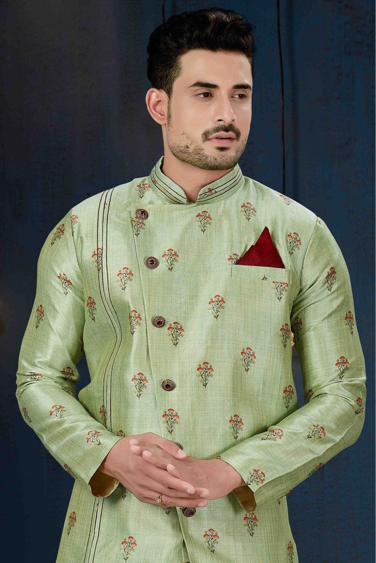 Green Colour Silk Party Wear Indo Western Sherwani SH1040214 A