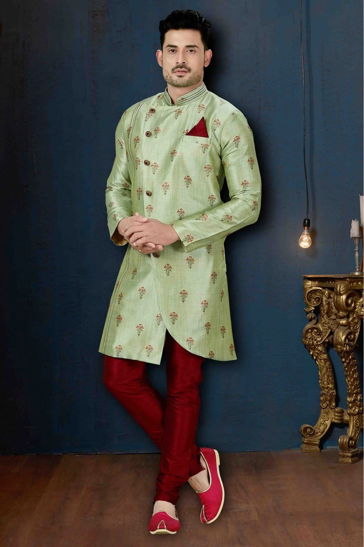 Green Colour Silk Party Wear Indo Western Sherwani SH1040214