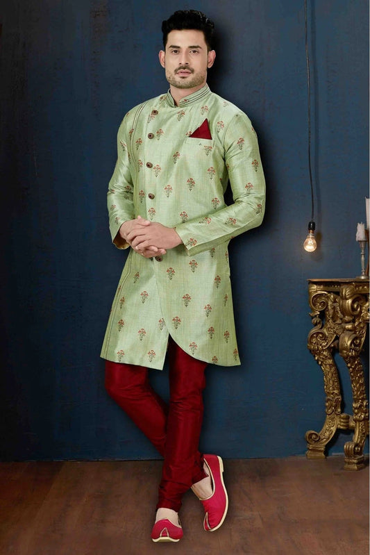 Green Colour Silk Party Wear Indo Western Sherwani SH1040214