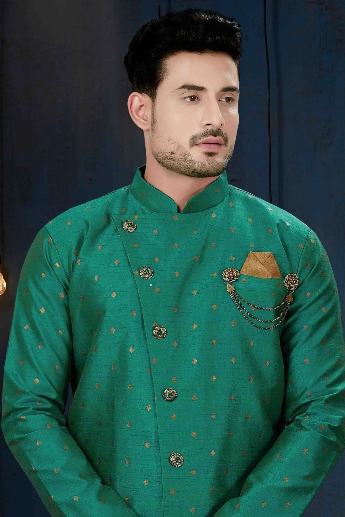 Green Colour Silk Party Wear Indo Western Sherwani SH1040231 A