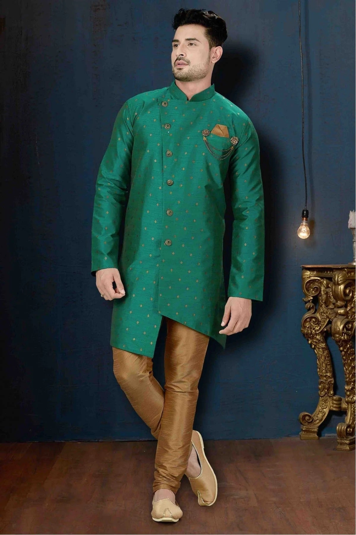Green Colour Silk Party Wear Indo Western Sherwani SH1040231