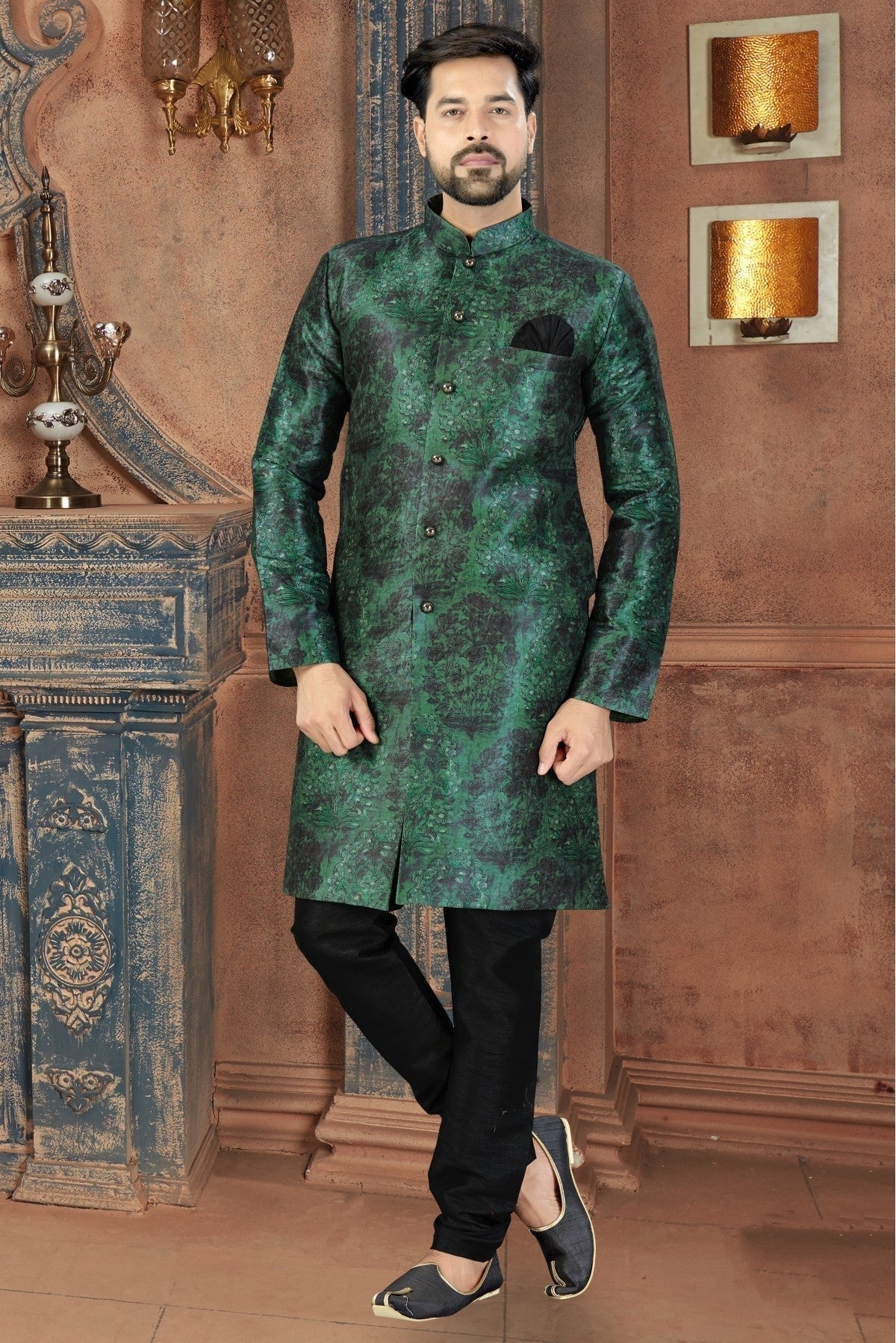 Green Colour Silk Party Wear Sherwani SH1040235
