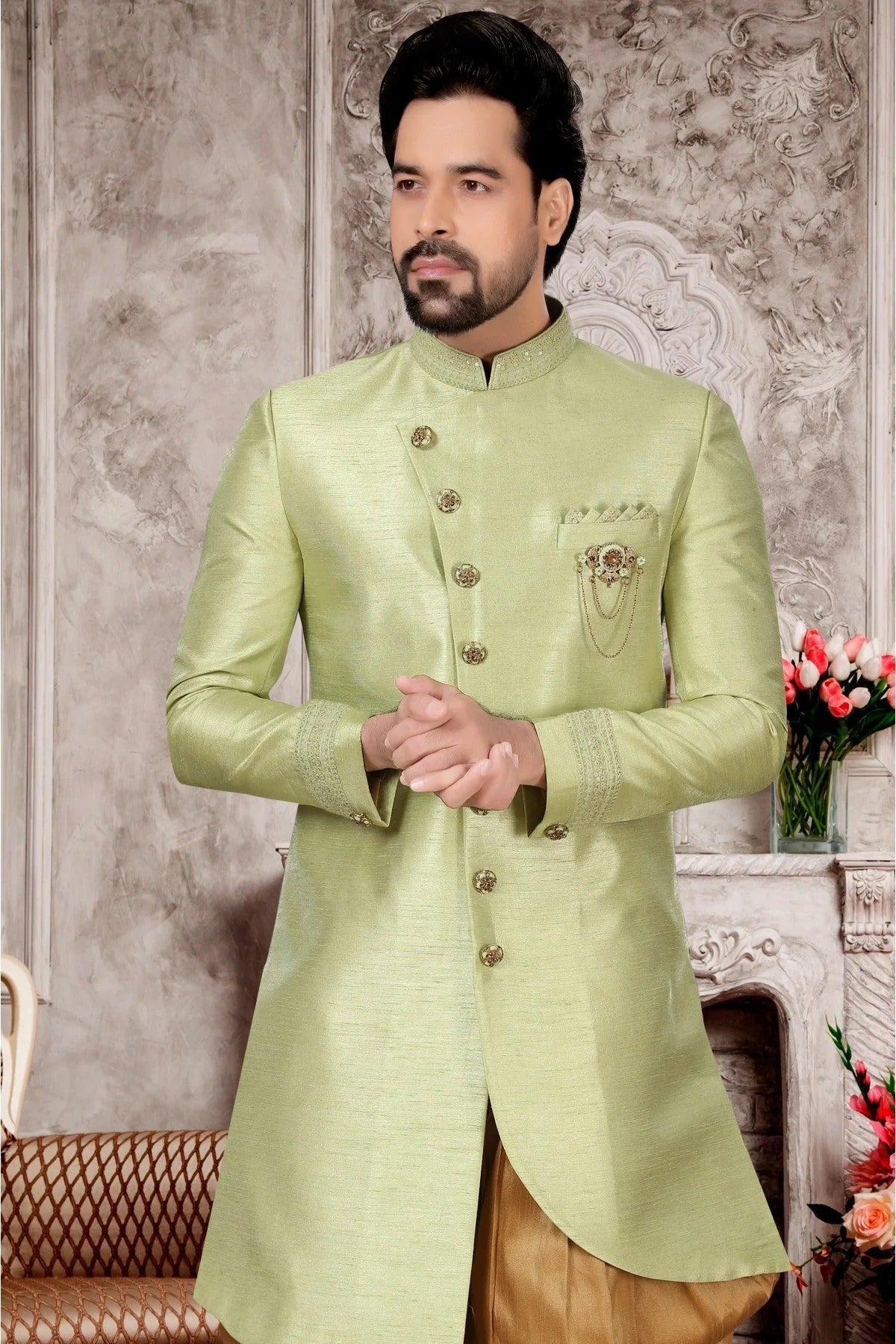 Green Colour Slub Silk Dhoti Sherwani SH1040286 A