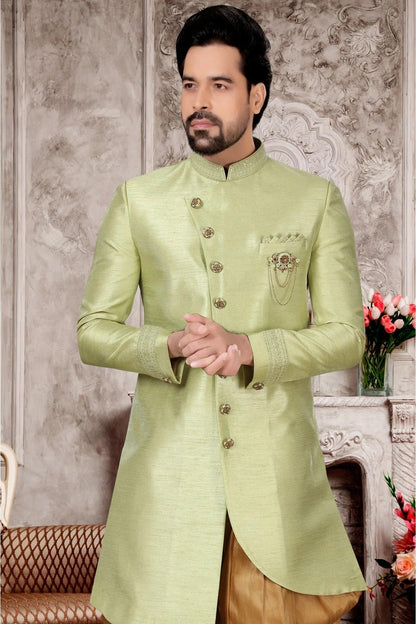Green Colour Slub Silk Dhoti Sherwani SH1040286 A
