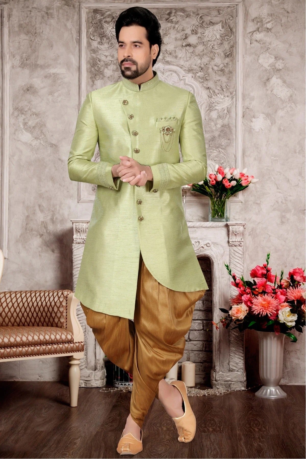 Green Colour Slub Silk Dhoti Sherwani SH1040286