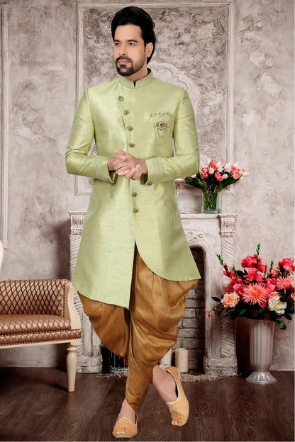 Green Colour Slub Silk Dhoti Sherwani SH1040286
