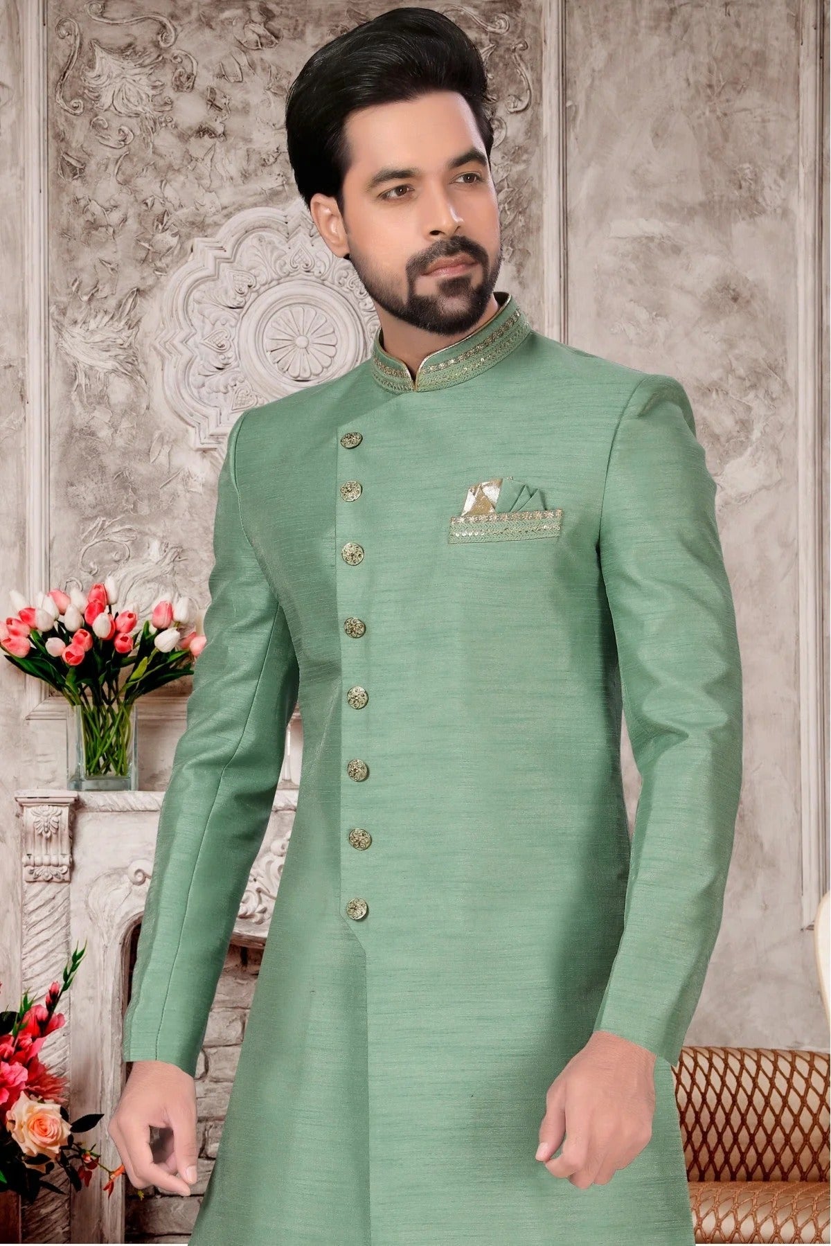 Green Colour Slub Silk Dhoti Sherwani SH1040299 A