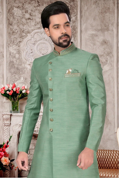 Green Colour Slub Silk Dhoti Sherwani SH1040299 A