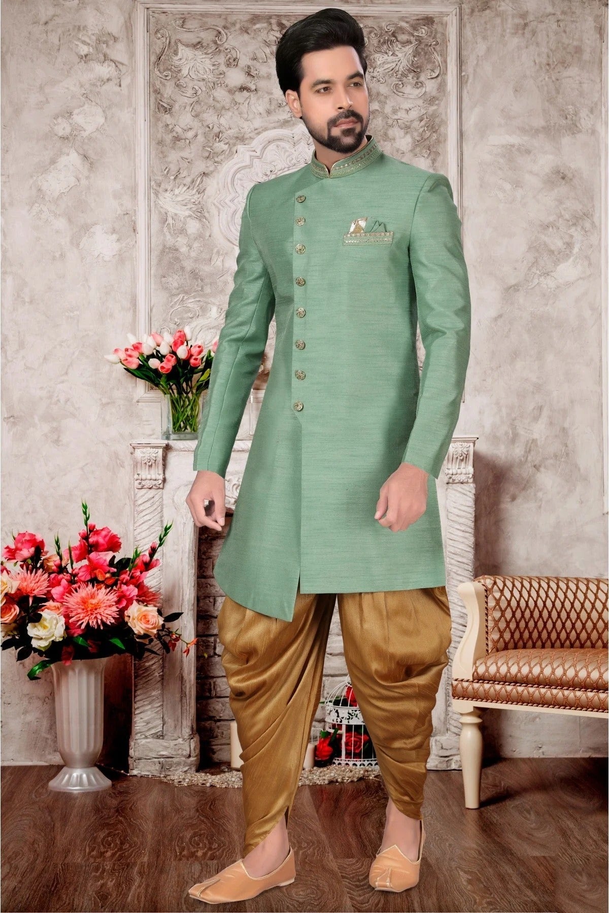Green Colour Slub Silk Dhoti Sherwani SH1040299