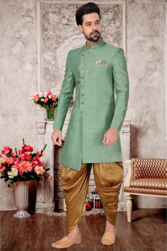 Green Colour Slub Silk Dhoti Sherwani SH1040299