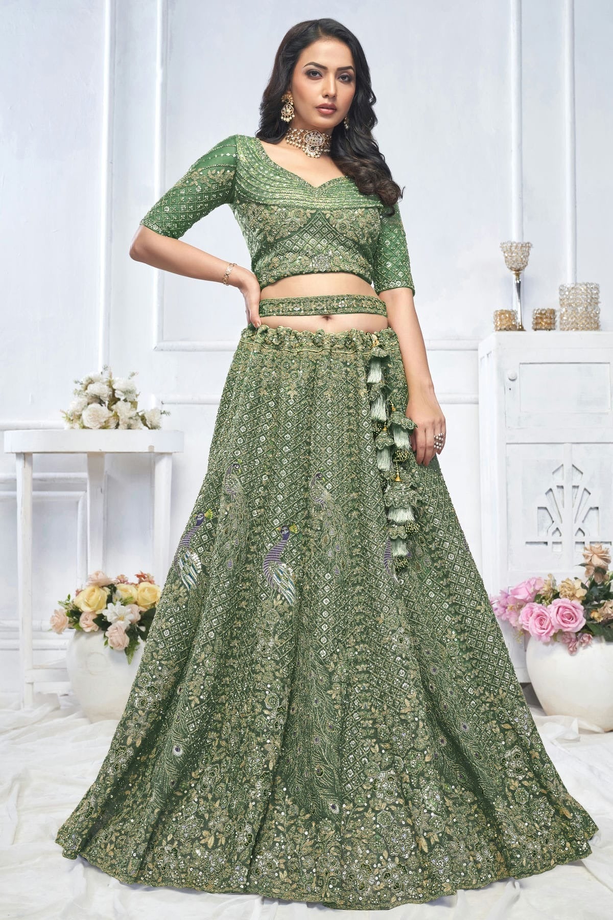 Green Colour Soft Net Embroidery Lehenga Choli LC1111367 A
