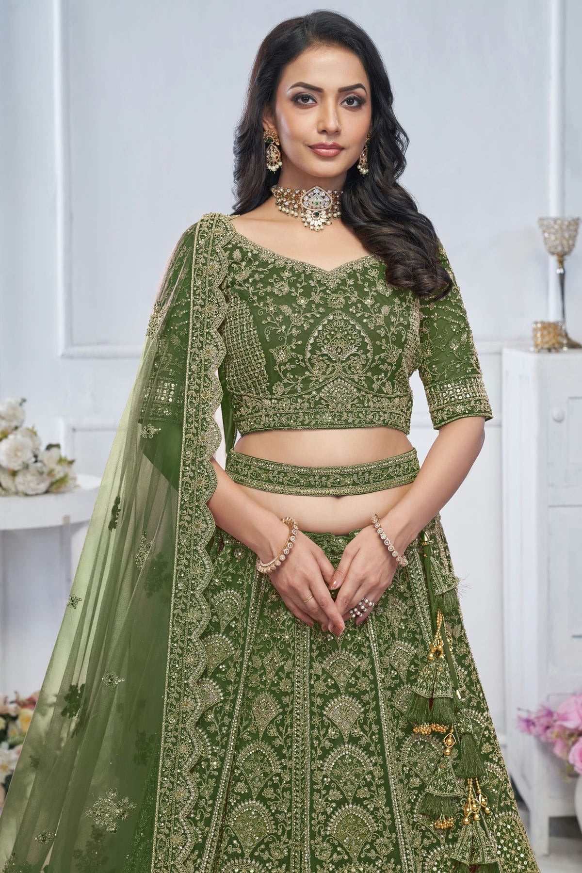 Green Colour Soft Net Embroidery Lehenga Choli LC1111372 B