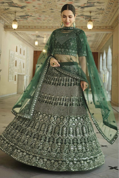 Green Colour Soft Net Mirror Work Lehenga Choli LC1080357 A