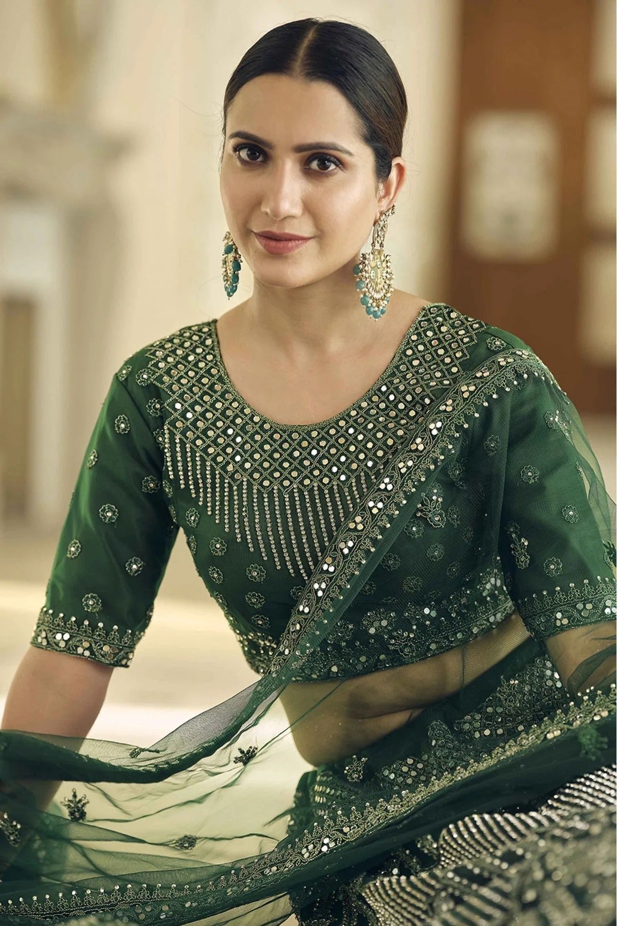 Green Colour Soft Net Mirror Work Lehenga Choli LC1080357 B