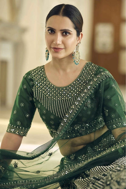 Green Colour Soft Net Mirror Work Lehenga Choli LC1080357 B