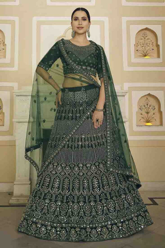 Green Colour Soft Net Mirror Work Lehenga Choli LC1080357