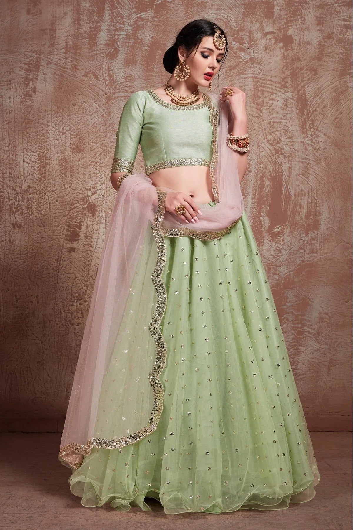 Green Colour Soft Net Sequins Work Lehenga Choli LC1080415