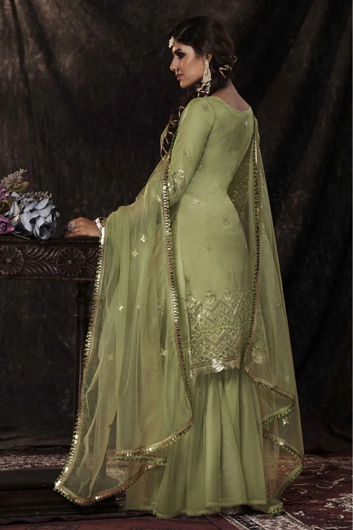 Green Colour Soft Net Sequins Work Sharara Suit SM1080662 A