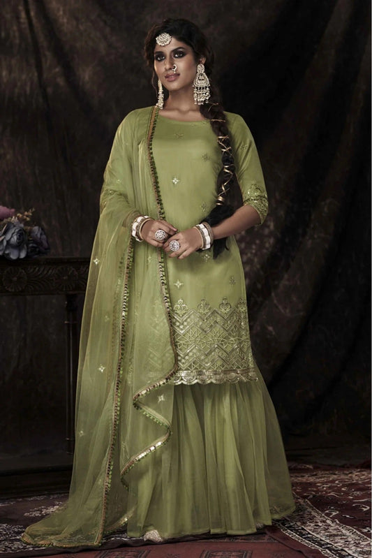 Green Colour Soft Net Sequins Work Sharara Suit SM1080662