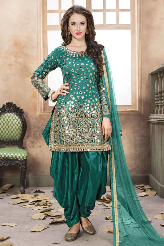 Green Colour Taffeta Silk Embroidery Patiala Suit SM1050222