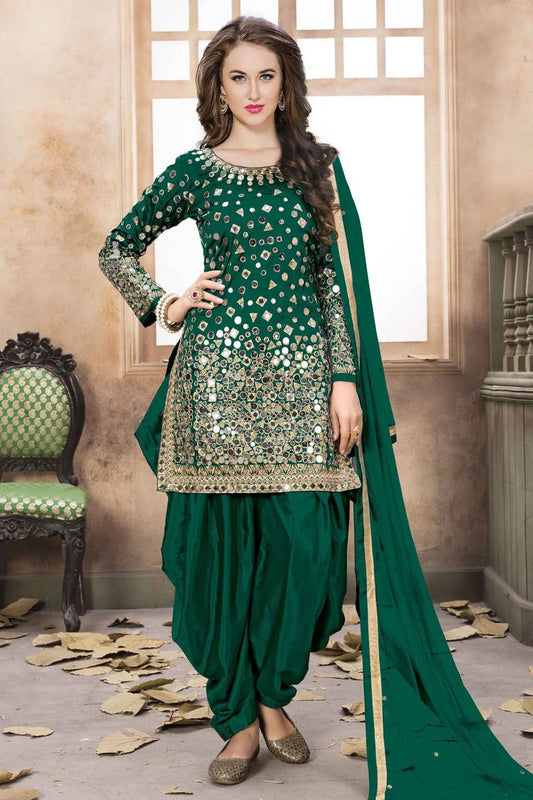 Green Colour Taffeta Silk Embroidery Patiala Suit SM1050225