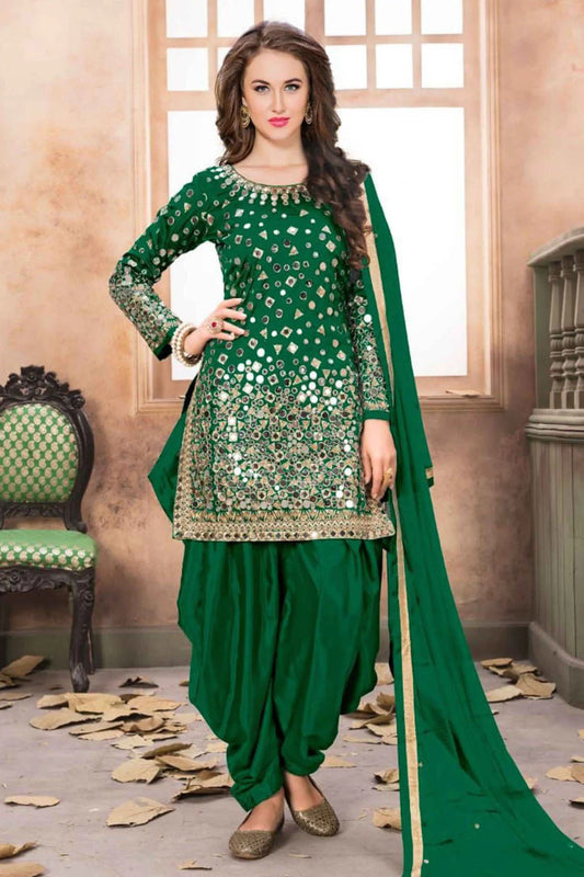 Green Colour Taffeta Silk Embroidery Patiala Suit SM1050231