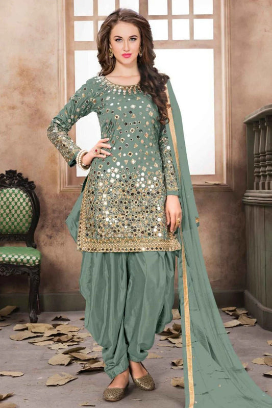 Green Colour Taffeta Silk Embroidery Patiala Suit SM1050233