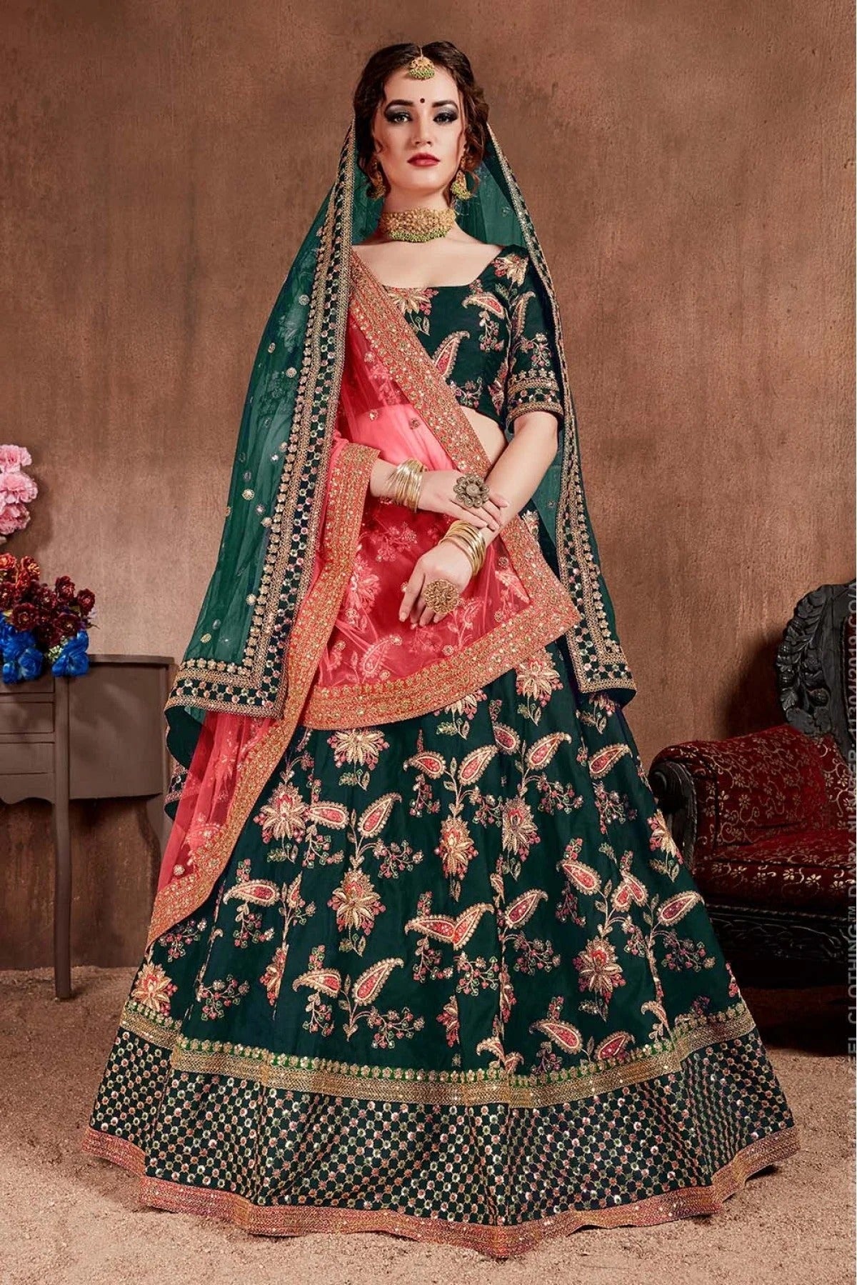 Green Colour Taffeta Silk Lehenga Choli LC1010091