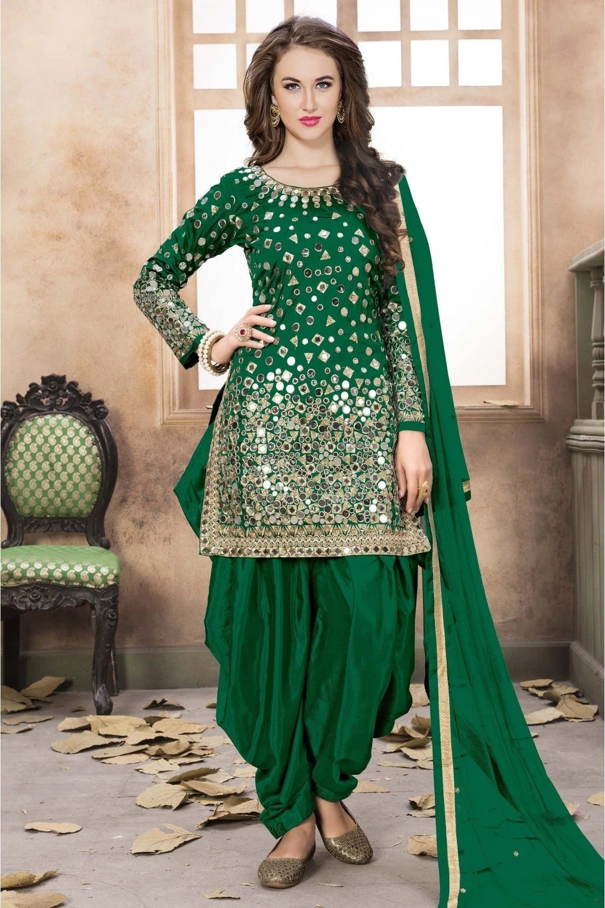 Green Colour Taffeta Silk Patiala Suit SM1050016
