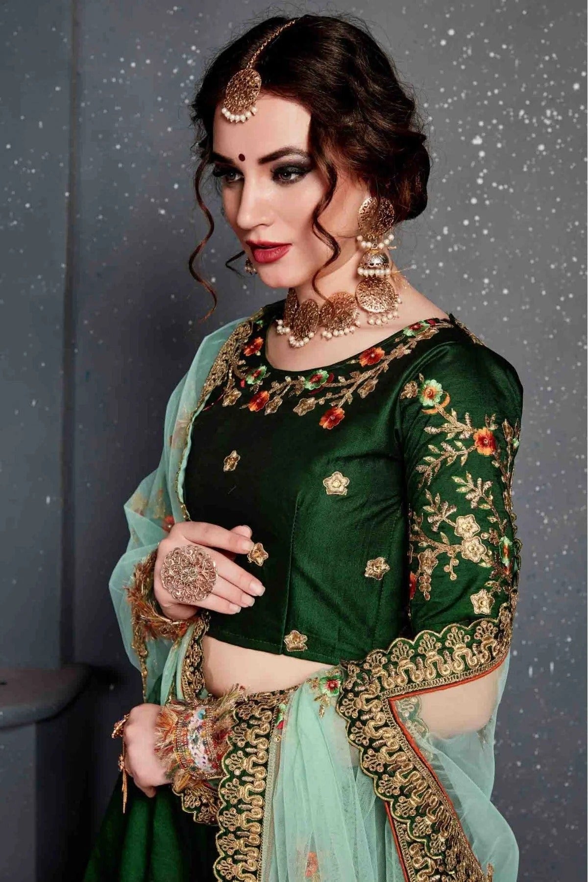 Green Colour Taffeta and Satin Silk Lehenga Choli LC1010038 B