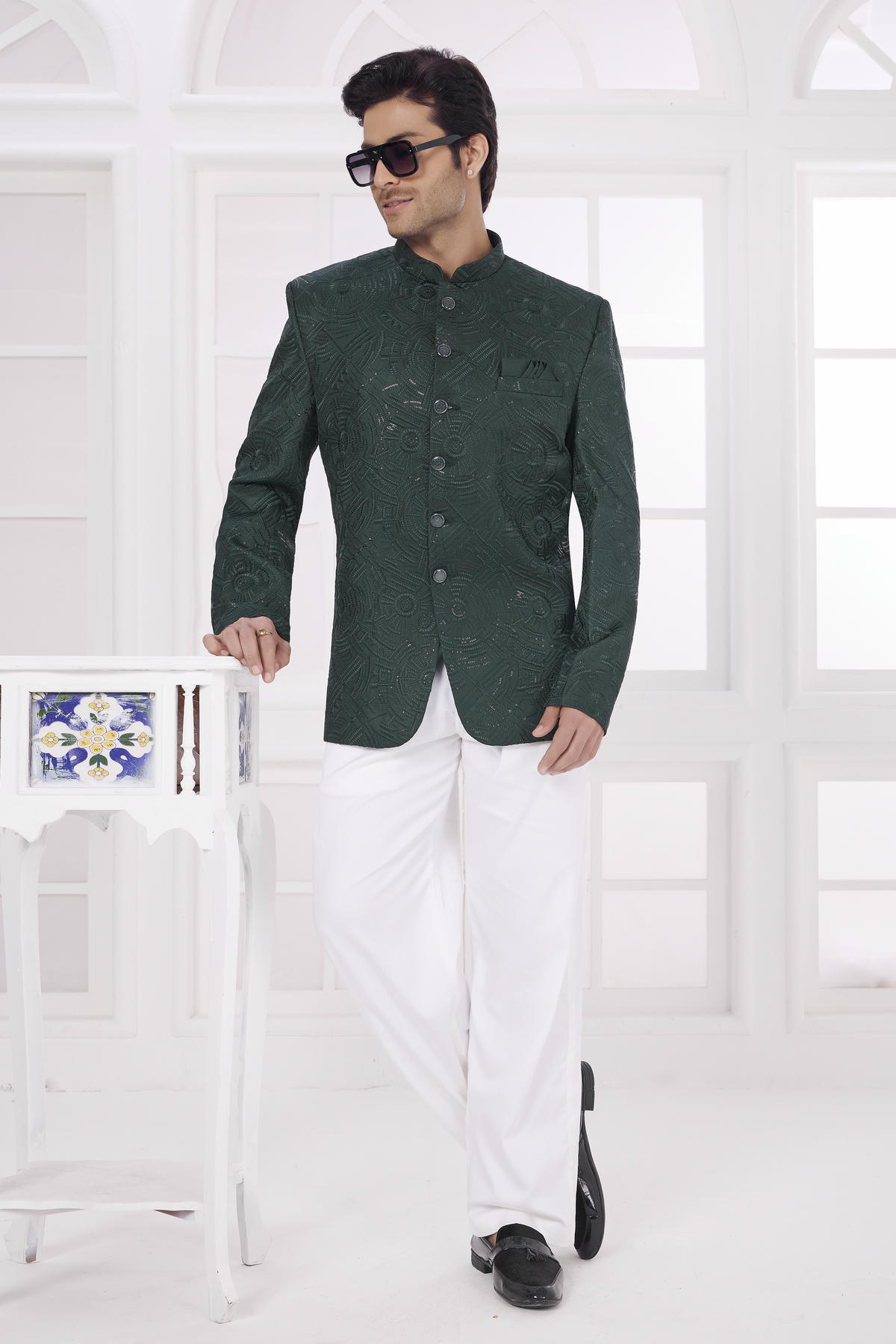 Green Colour Thread Work Embroidery Art Silk Jodhpuri