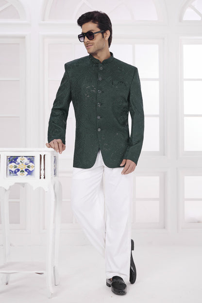 Green Colour Thread Work Embroidery Art Silk Jodhpuri