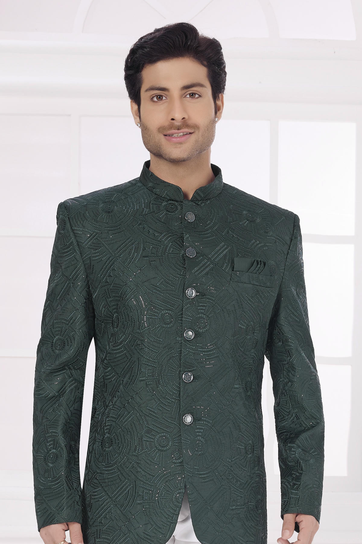Green Colour Thread Work Embroidery Art Silk Jodhpuri